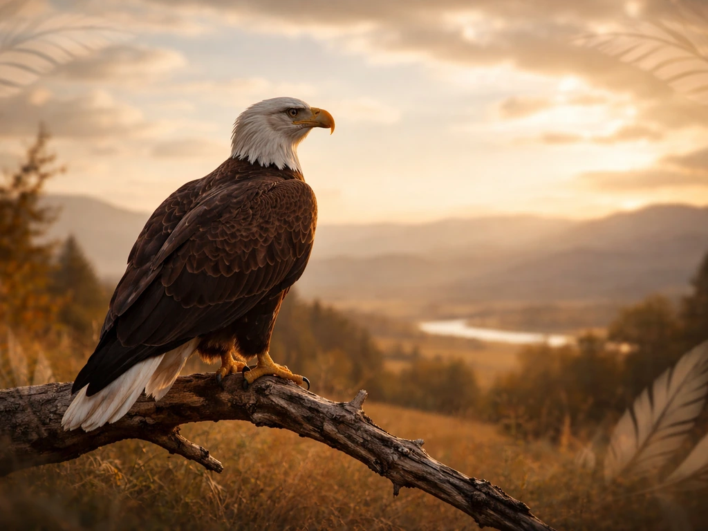 A lone eagle perched on a branch in a vast landscape with subtle geometric framing elements.