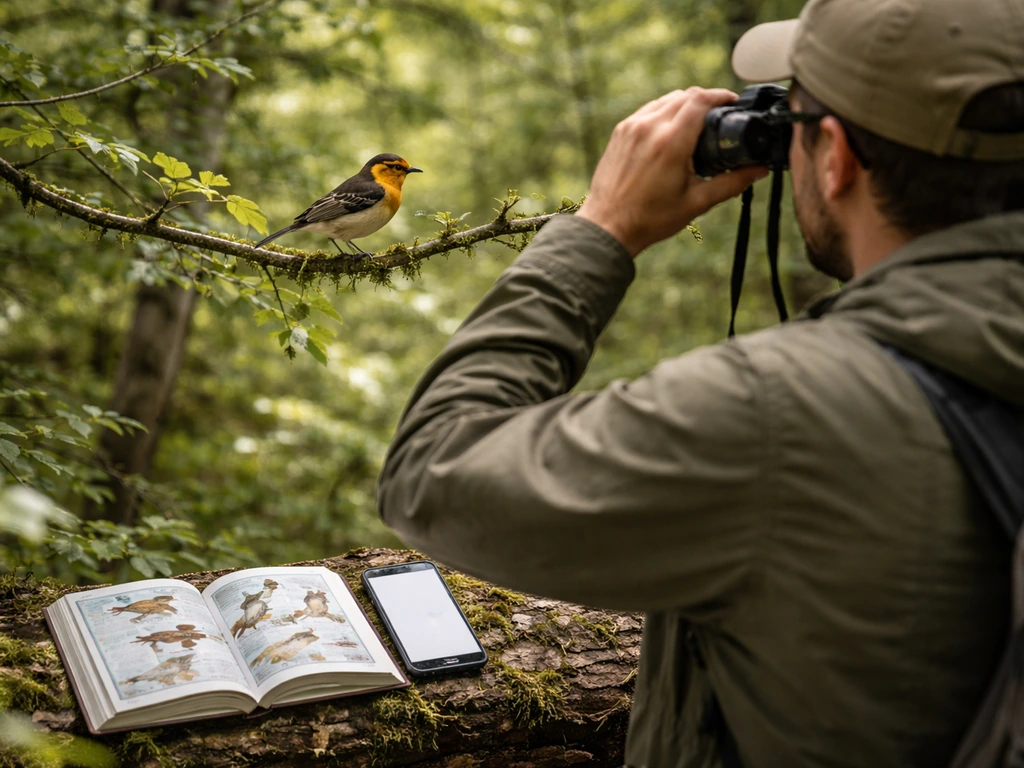 Birder uses binoculars beside a male bird perched on a branch, highlighting careful field identification.