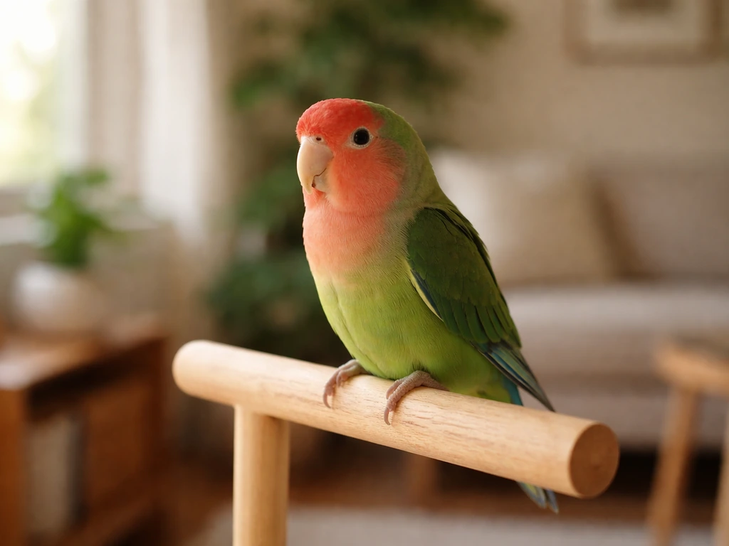 Warm photo of a pet bird perched on a wooden stand in a cozy, softly lit home.