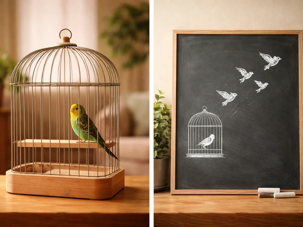 Two side-by-side scenes: a small pet bird in a cozy home cage, and bird imagery on a plain chalkboard