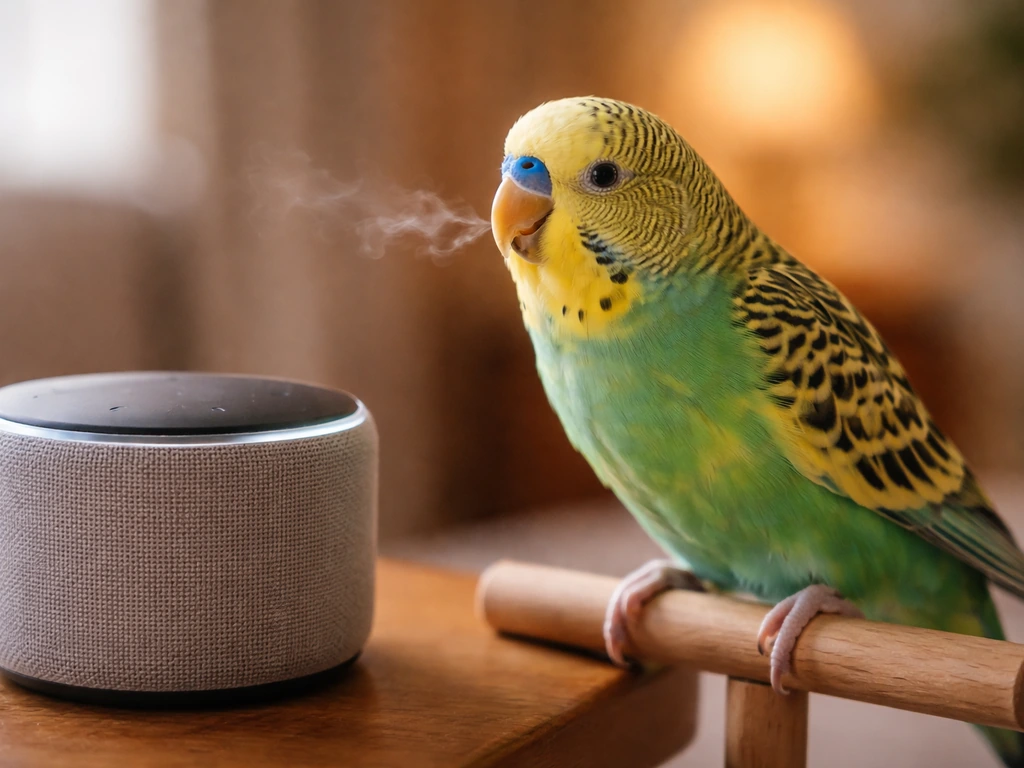 Close-up of a pet parrot perched near a home speaker, captured mid-chirp with subtle communication cues.