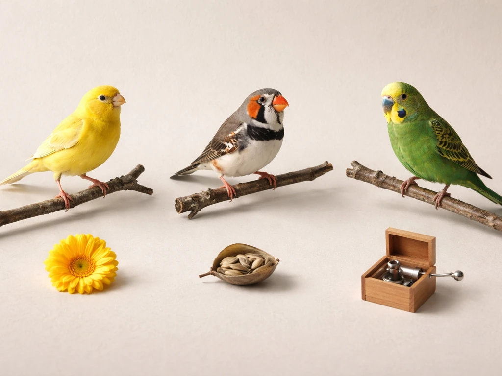 Minimal close-up of a few small colorful pet birds perched on branches, each beside a simple symbolic object
