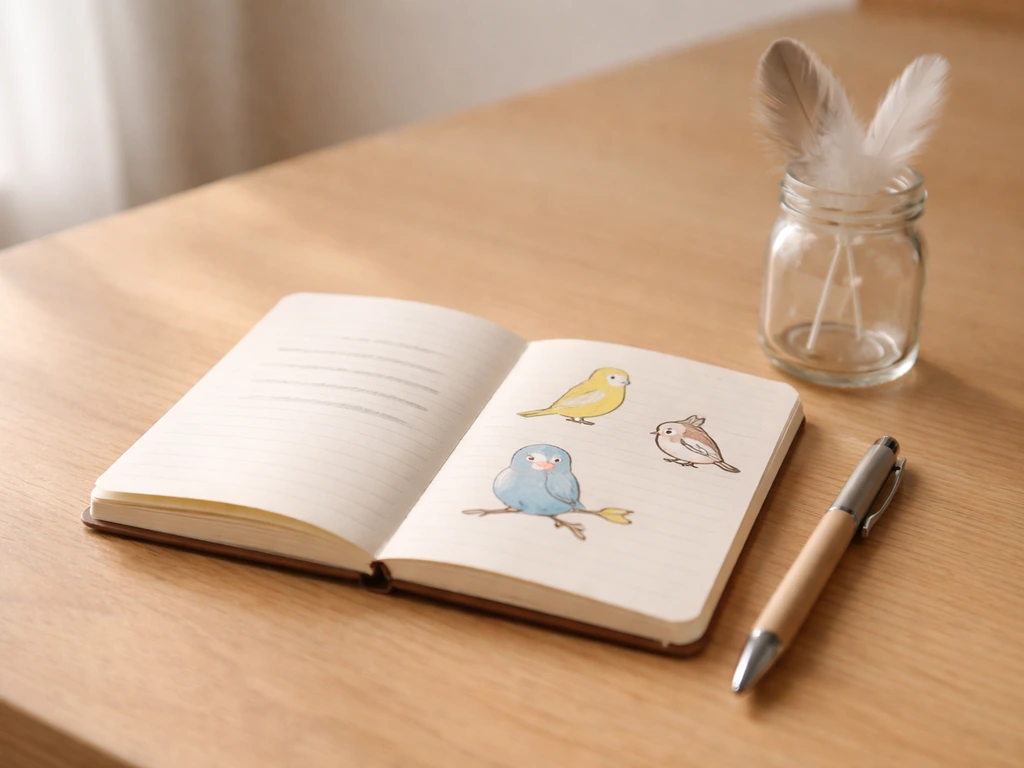 Small notebook and pen on a desk with a few cute bird-themed illustrations, suggesting everyday bird slang