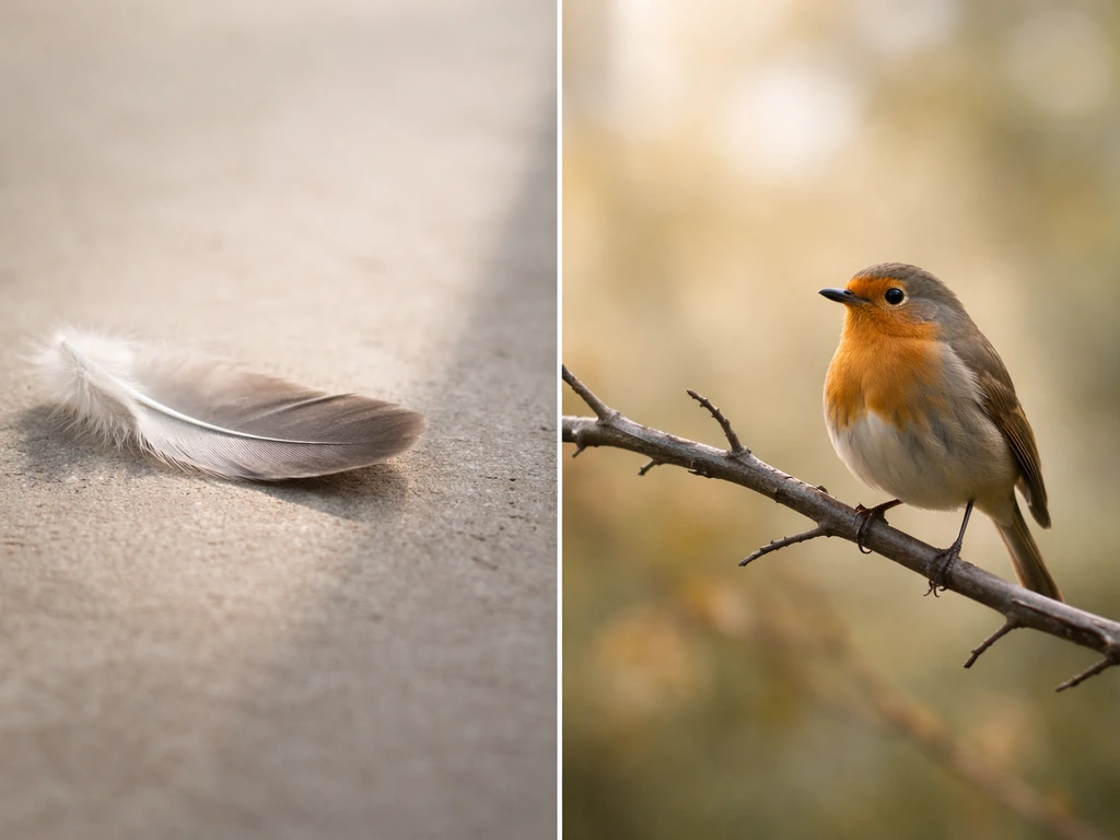 Two natural textures split by a thin shadow: bird feather for figurative language and a small perched bird for symbolism