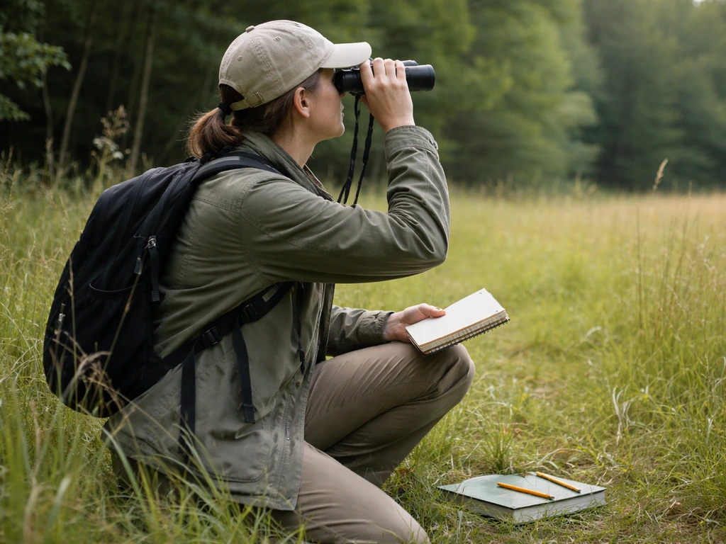 Birder with binoculars in daylight, notebook and field guide nearby while narrowing a bird species