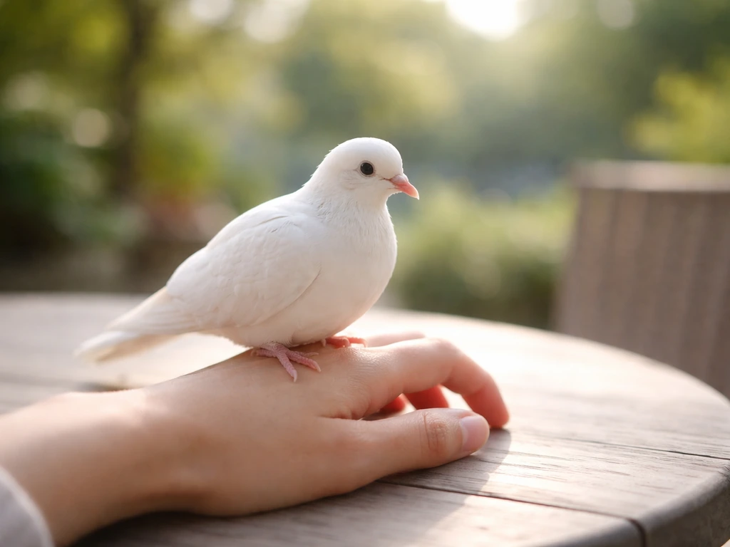 A white dove perched near an open human hand in soft morning light outdoors.