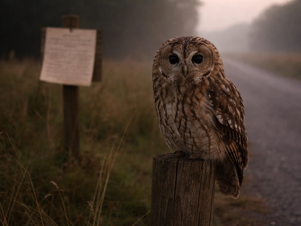 Moody owl perched near a weathered rural roadside sign, suggesting folklore and “folk bird meaning”.