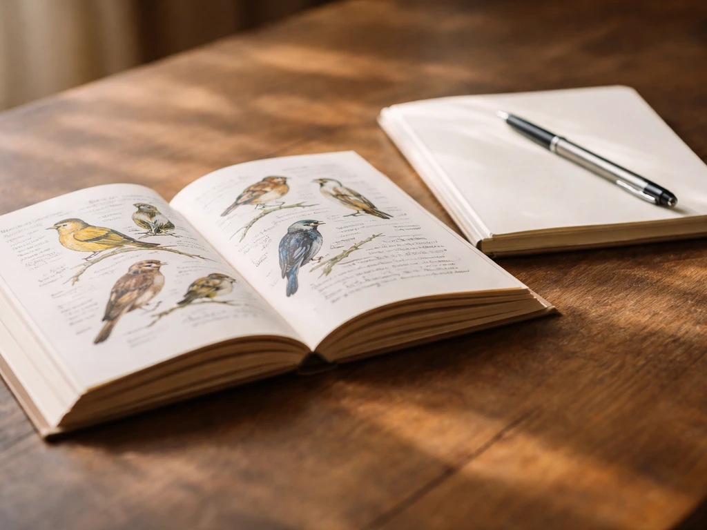 Close-up of an open field guide page beside a blank notebook, suggesting everyday language usage.