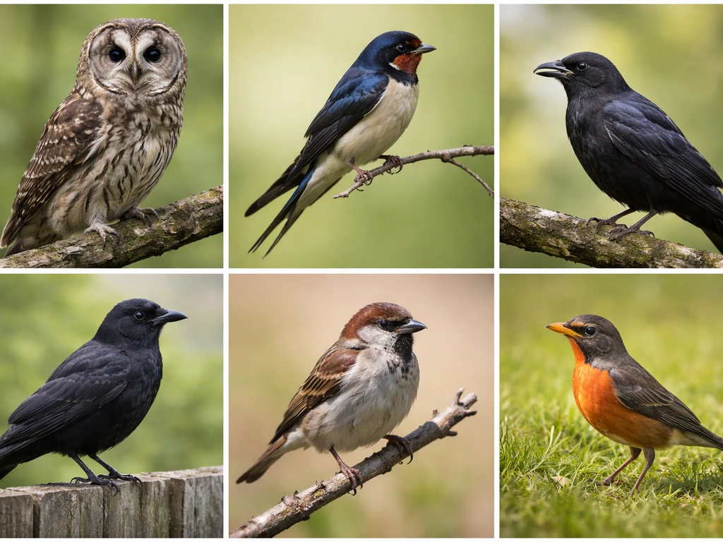 Minimal photo grid showing distinct birds—owl, swallow, crow, raven—each with clear natural features