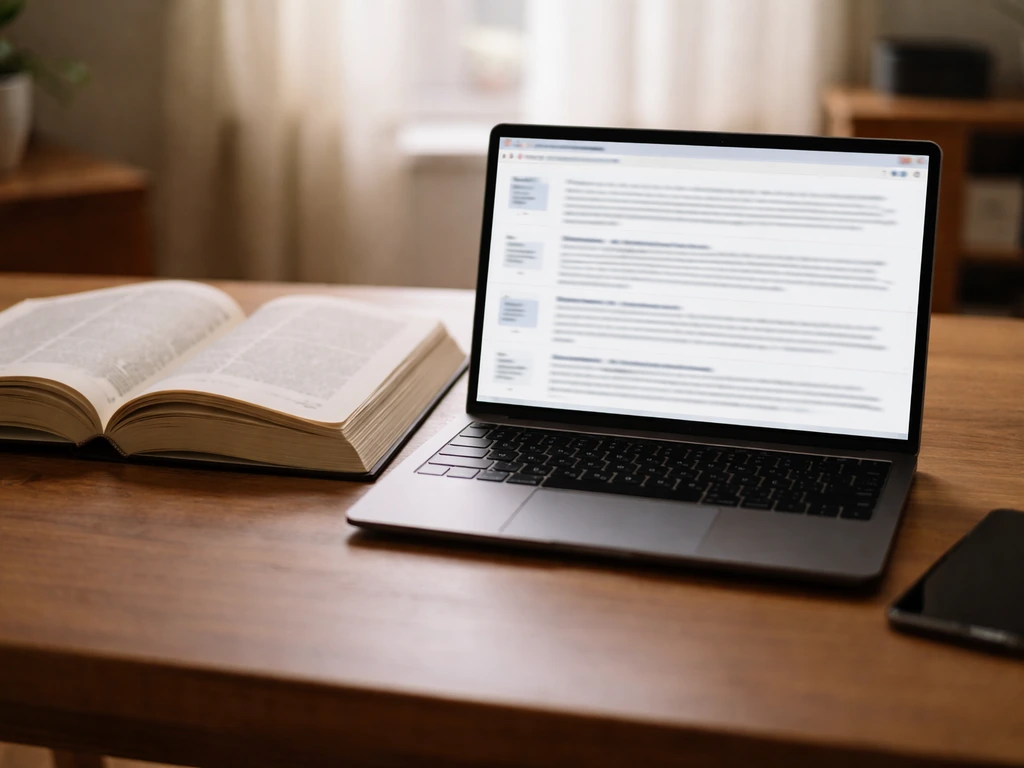 Laptop search results page and open reference books on a desk, showing sources for wording/context clues.